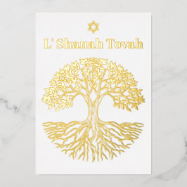 Rosh Hashanah Goud Folie Boom des Levens Wit Folie Feestdagenkaart