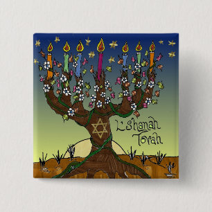 Rosh Hashanah L'Shanah Tovah Tree of Life Menorah Vierkante Button 5,1 Cm