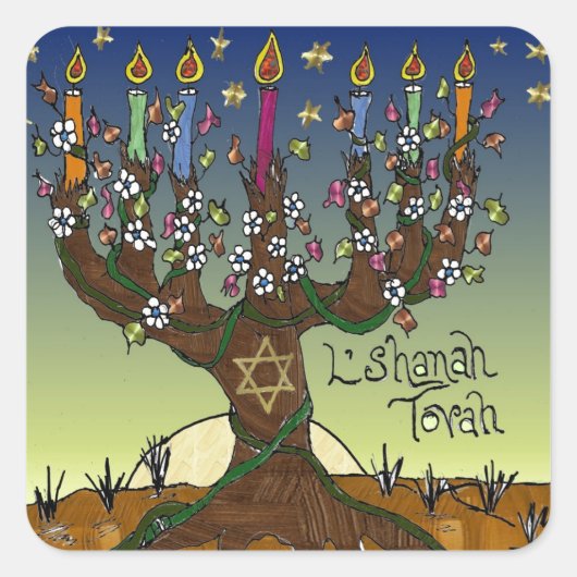 Rosh Hashanah L'Shanah Tovah Tree of Life Menorah Vierkante Sticker (Voorkant)