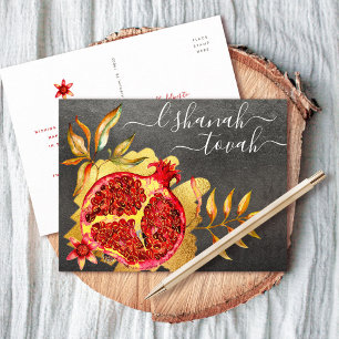 Rosh Hashanah Rood Goud Aquarel Granaatappel Grijs Feestdagenkaart