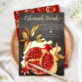 Rosh Hashanah Rood Waterverf Granenblad Echt Goud Folie Feestdagenkaart