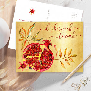 Rosj Hasjana Aquarel Rode Granaatappel op Goud Feestdagenkaart
