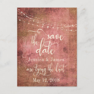 Rostroze 'Save the Date' met vintage roze jute en  Aankondigingskaart