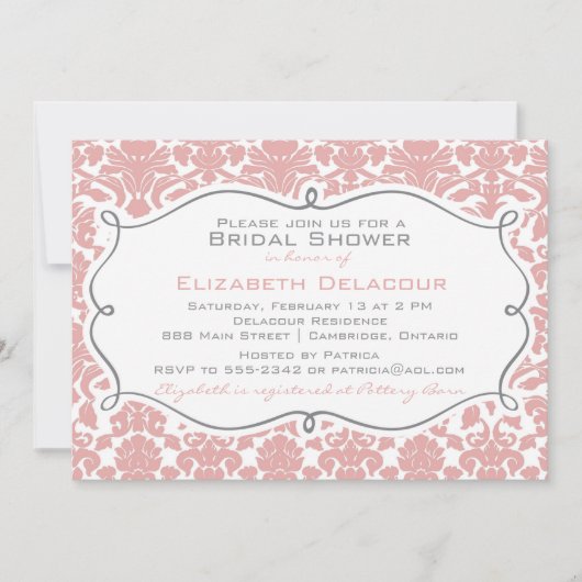 Rosy Brown Damask Pattern Bridal Shower Kaart (Voorkant)