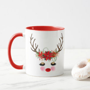 Rosy Cheeks Gold Eyes Floral Reindeer Holiday Mok