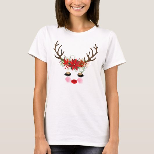 Rosy Cheeks Gold Eyes Floral Reindeer Holiday T-shirt (Voorkant)