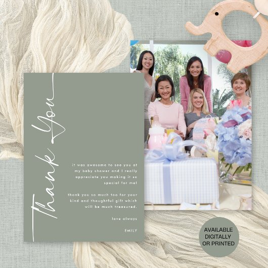 Rotated Script Photo Sage Baby shower dank u Kaart