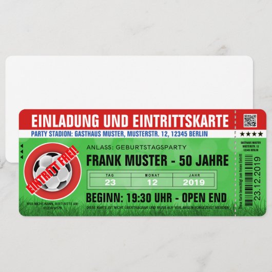rote Einladung und Eintrittskarte (Fußball-Ticket) Kaart (Voorkant / Achterkant)