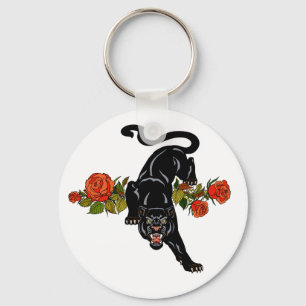 Roterende zwarte panther en bloeiende rozen sleute sleutelhanger