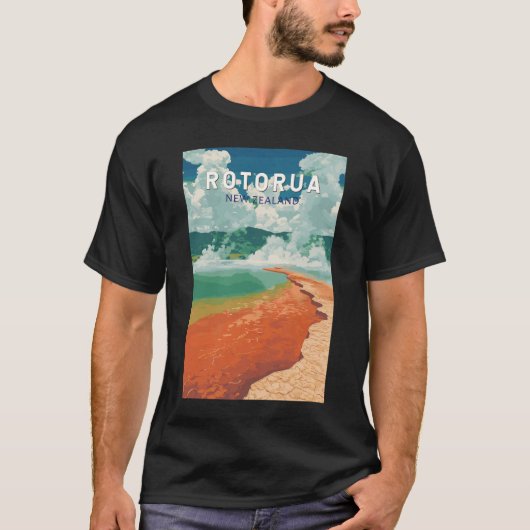 Rotorua Nieuw-Zeeland Illustratie Reizen Art Retro T-shirt (Voorkant)