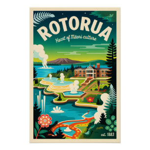 Rotorua Nieuw-Zeeland Retro Reisposter Kunst Perfect Poster