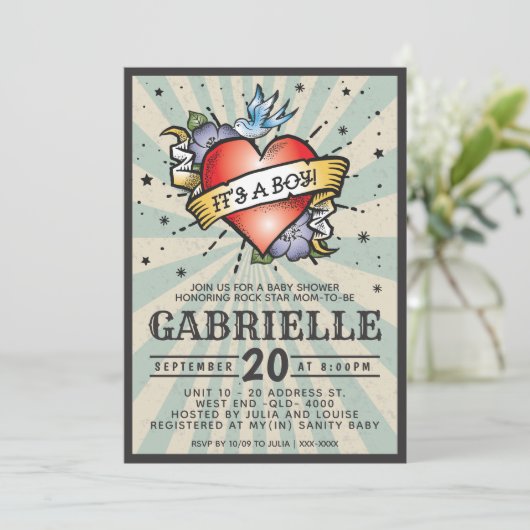 Rots en Roll Tattoo Baby shower Kaart (Staand voorkant)