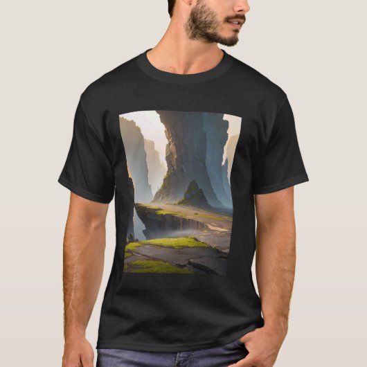 Rotsachtig gebied Klif Mos Nevel Schaduw Vallei T-shirt (Voorkant)