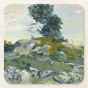 Rotsen met eikenboom, Van Gogh olieverfschilderij Vierkante Kartonnen Onderzetter