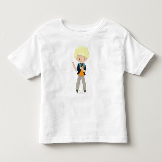 Rotsjongen, blond haar, banzanger, microfoon kinder shirts (Voorkant)