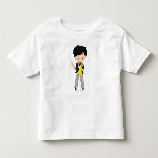 Rotsjongen, zwart haar, microfoon, bandzanger kinder shirts (Voorkant)