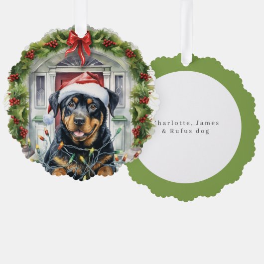 Rottie Hond in Santa Hat Voordeur Kerstmis Ornament Kaart (Voorkant / Achterkant)