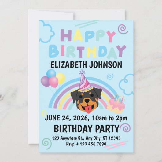 Rottweiler Birthday Invitation in Blue (Devant)