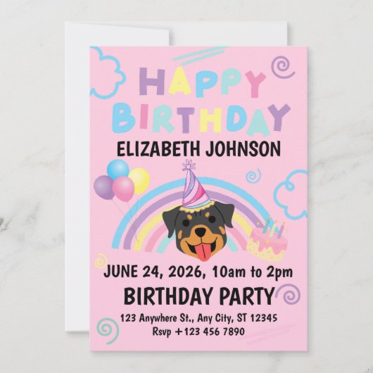 Rottweiler Birthday Invitation in Pink (Devant)