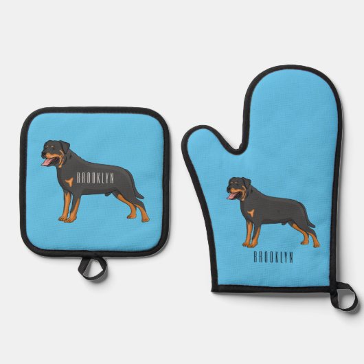 Rottweiler cartoon illustratie ovenwant & pannenlap set (Voorkant)