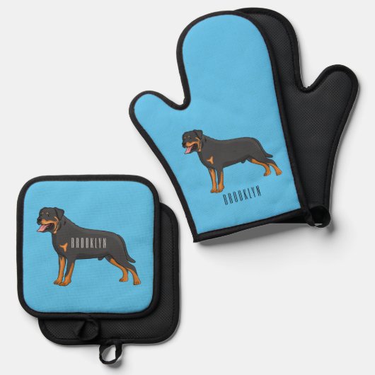 Rottweiler cartoon illustratie ovenwant & pannenlap set (Voorkant / Achterkant)