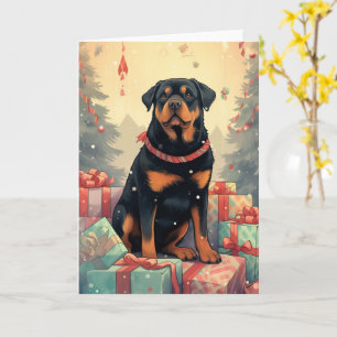 Rottweiler die kerstcadeaus bewaakt kaart