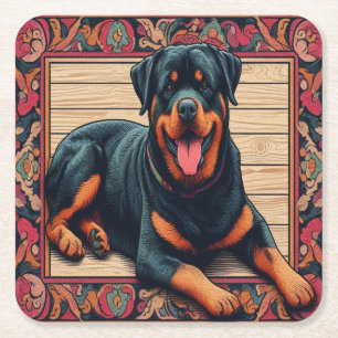 Rottweiler Dog 3D Stijlvolle Kleurrijke Rand Vierkante Kartonnen Onderzetter