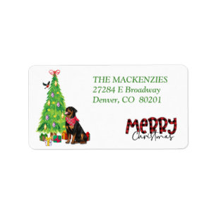 Rottweiler Dog, Bird, Holiday Tree Return Address Etiket