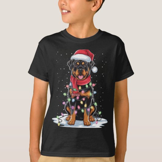 Rottweiler Dog Santa Hat Christmas Tree Light Xmas T-shirt (Voorkant)