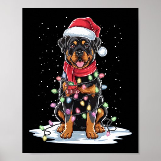 Rottweiler Dog Santa Hat Kerstboom Light Xmas Poster (Voorkant)