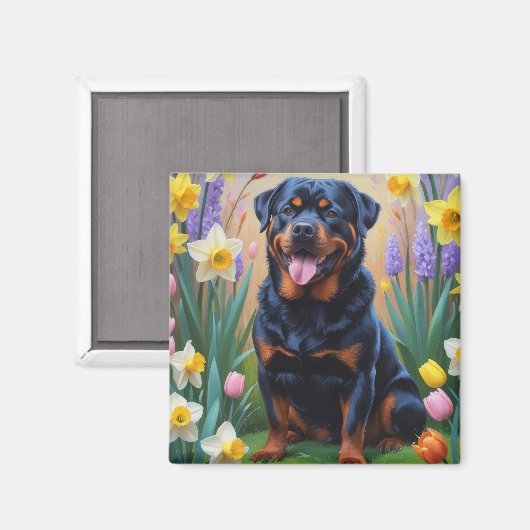 Rottweiler Dog Spring Flowers Painting Magneet (Voorkant / Achterkant)