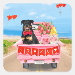 Rottweiler Dog Valentijnsdag Truck Hearts Vierkante Sticker