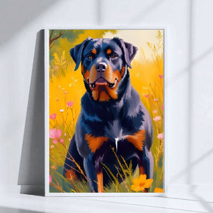 Rottweiler hond huisdier portret schilderij aquare poster