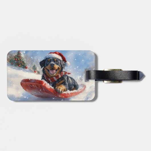 Rottweiler Hond in Sledge Laat het Sneeuw Kerstmis Bagagelabel (Achterkant horizontaal)