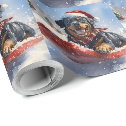 Rottweiler Hond in Sledge Laat het Sneeuw Kerstmis Cadeaupapier (Rol Hoek)