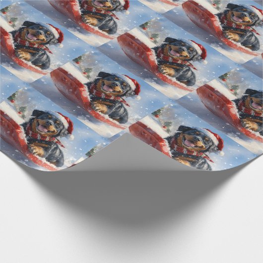 Rottweiler Hond in Sledge Laat het Sneeuw Kerstmis Cadeaupapier (Hoek)