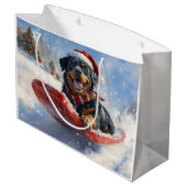 Rottweiler Hond in Sledge Laat het Sneeuw Kerstmis Groot Cadeauzakje (Achterkant Gekanteld)