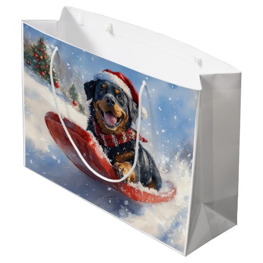 Rottweiler Hond in Sledge Laat het Sneeuw Kerstmis Groot Cadeauzakje (Achterkant Gekanteld)