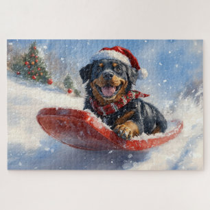 Rottweiler Hond in Sledge Laat het Sneeuw Kerstmis Legpuzzel