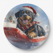 Rottweiler Hond in Sledge Laat het Sneeuw Kerstmis Papieren Bordje (Voorkant)
