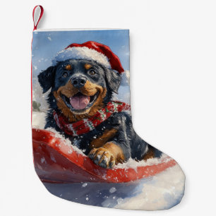 Rottweiler hond in slee Laat het sneeuwen Kerstmis Kleine Kerstsok
