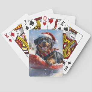 Rottweiler-hond in slee Laat het sneeuwen Kerstmis Pokerkaarten