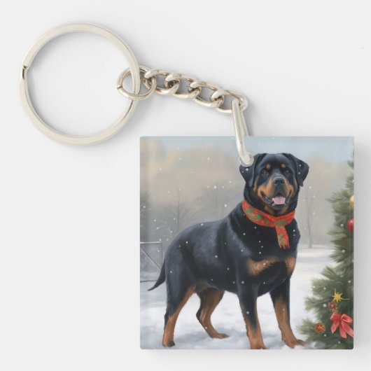 Rottweiler Hond in Sneeuw Kerstmis Sleutelhanger (Voorkant)