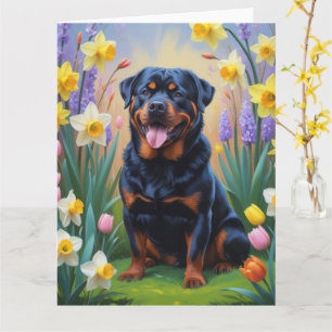 Rottweiler-hond lente bloemen schilderij kaart