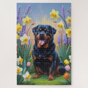 Rottweiler-hond lente bloemen schilderij legpuzzel