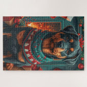 Rottweiler hond met kerstcadeaus open haard legpuzzel (Horizontaal)