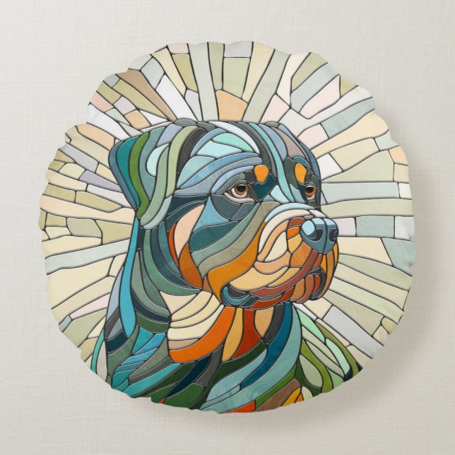 Rottweiler hond - mozaïekkunst rond kussen (Voorkant)