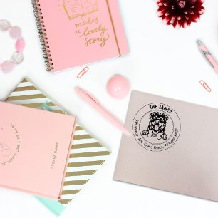 Rottweiler hond retour adres familie 	rubberstempel