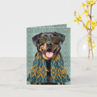Rottweiler-hond turquoise en geel met monogram kaart
