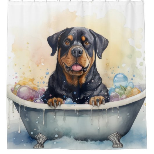 Rottweiler In Badkuip Waterverf Hondenkunst Douchegordijn (Voorkant)